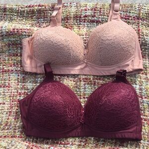 Prima Valentina Set of 2 Elegant Lace Bras in Burgundy and Tan SZ 42D.